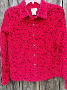 Talbots Red Corduroy Button-Down Shirt with Black Vine Print 100% Cotton Size M